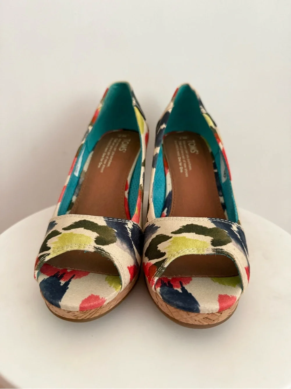 Toms Multicolor Floral Canvas Cork Wedge Peep-Toe Heels